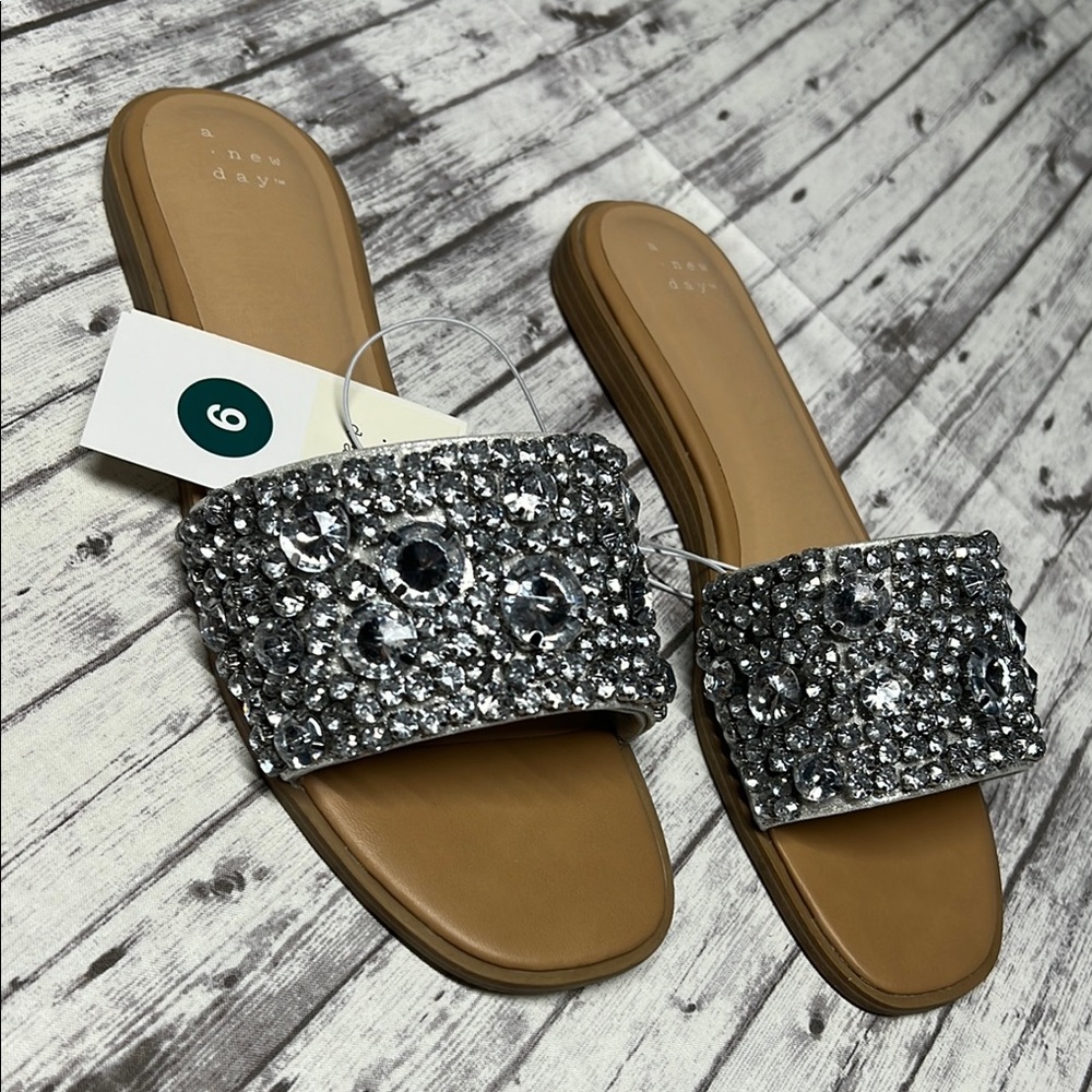 NWT! A New Day Silver Crystal Embellished Slide Sandals